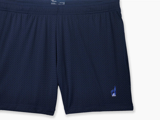 Navy Blue pocket lounge short with #1 Dad Foam Hand embroidery on bottom right of leg.