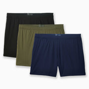 4" Pocket Lounge Short Variety Pack layflat with black, matte olive, and navy shorts.