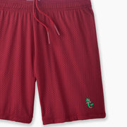 Burgundy pocket lounge short with mermaid embroidery on bottom right of leg.