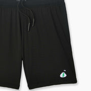 Black pocket lounge short with money bag embroidery on bottom right of leg.
