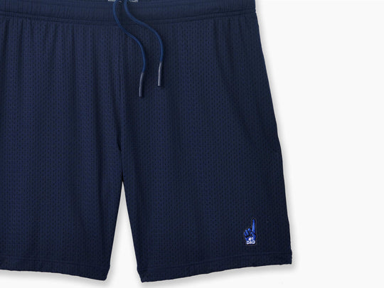 Navy Blue pocket lounge short with #1 Dad Foam Hand embroidery on bottom right of leg.
