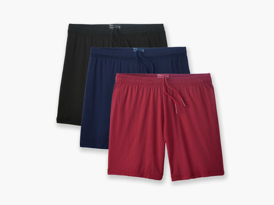 Pocket Lounge Shorts Variety 3 Pack: Black, Navy, and Burgundy.