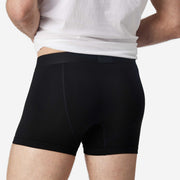 Close up back view of man wearing black boxer brief.
