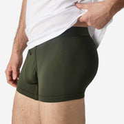 Close up side view of man wearing olive boxer brief.