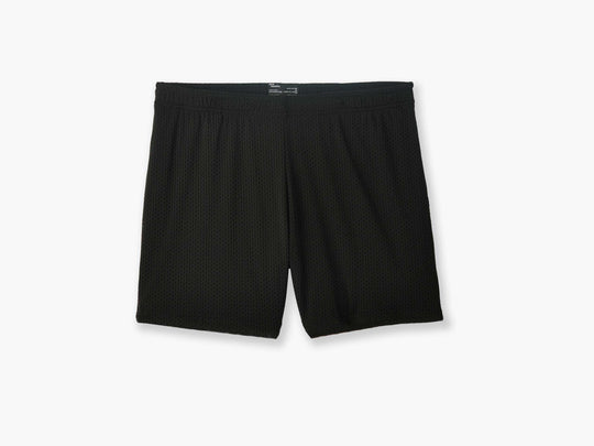 Black mesh short flat on grey background.