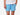 Close up front shot of man wearing blue and white striped mesh shots with hand in pocket.