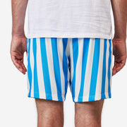 Close up back shot of man wearing blue and white striped mesh shorts.