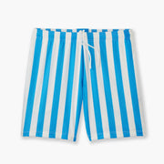 Close up shot of blue and white striped mesh shorts laid flat on gray background.