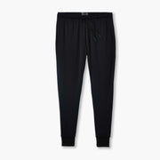 Black lounge shorts laid flat on grey background.