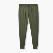 Olive lounge pants laid flat on grey background.