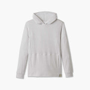 Linen stripe lounge hoodie on grey flat background.