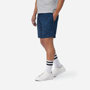6" Midnight Leopard Pocket Lounge Short on model side view.