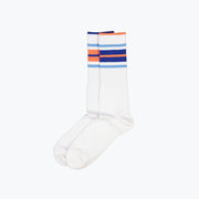 White Amalfi Athletic Socks with Blue and Orange Stripes at the top.
