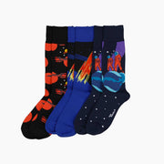 Three pairs of premium cotton blend socks from the Outerspace Capsule collection including black rockets, blue spaceship, and navy astronaut socks.
