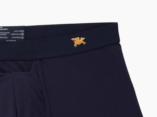 Navy Blue Boxer Brief with flying pig embroidery on waist band.