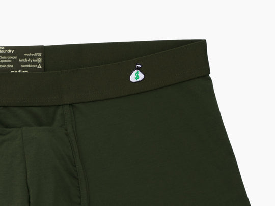 Olive Boxer Brief with money bag embroidery on waist band.