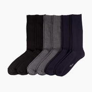 6 pairs of premium cotton blend ribbed socks in navy, black, and charcoal grey.