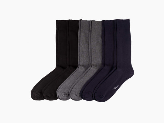 6 pairs of premium cotton blend ribbed socks in navy, black, and charcoal grey.