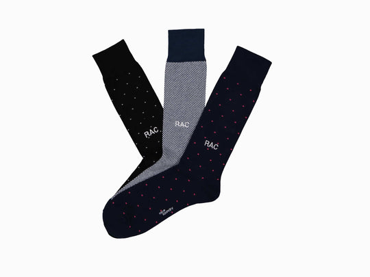 RAC Classic style Monogram on the Personal Edition Seasonal Favorites set of socks.