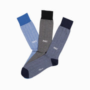 Personal Edition Herringbone monogram set of socks featuring navy, light blue, and black herringbone socks.