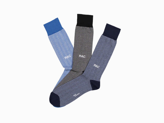 Personal Edition Herringbone monogram set of socks featuring navy, light blue, and black herringbone socks.