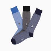 R varsity style monogram on herringbone monogram sock set.