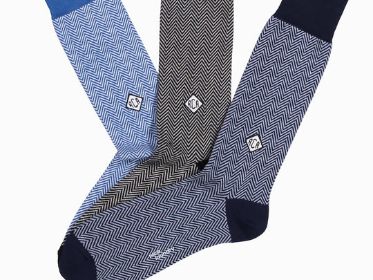 RCA Diamond style monogram on herringbone monogram sock set (zoomed in).