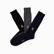 R varsity style monogram on luxe ribbed socks.