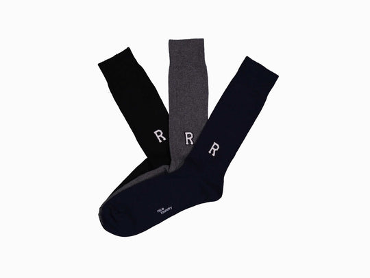 R varsity style monogram on luxe ribbed socks.