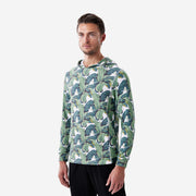 Side view of man wearing palms print lounge hoodie.