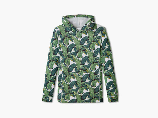 Palms print lounge hoodie on grey flat background.