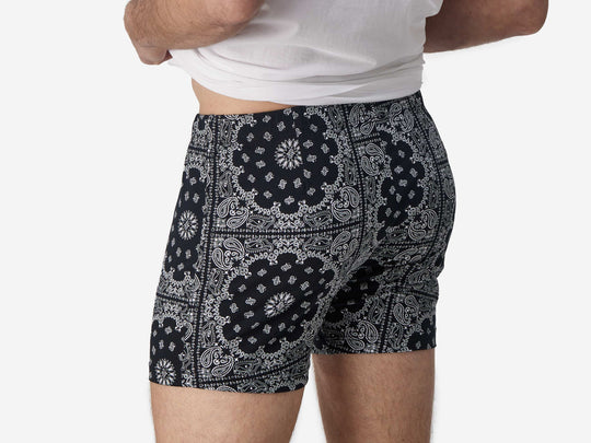 Close up back view of man wearing black bandana slim fit boxers & white t-shirt.