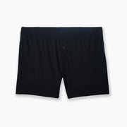 Black slim fit boxer laid flat on grey background.