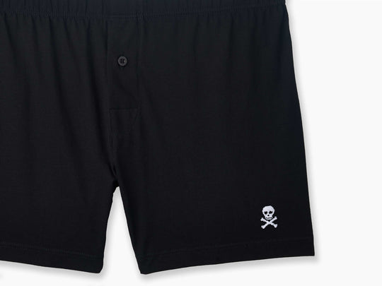 Black slim fit boxer with skull embroidery in bottom right corner.