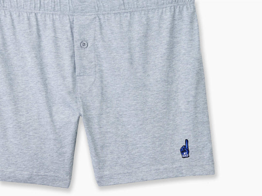 Grey slim fit boxer with number one dad foam hand embroidery in bottom right corner.